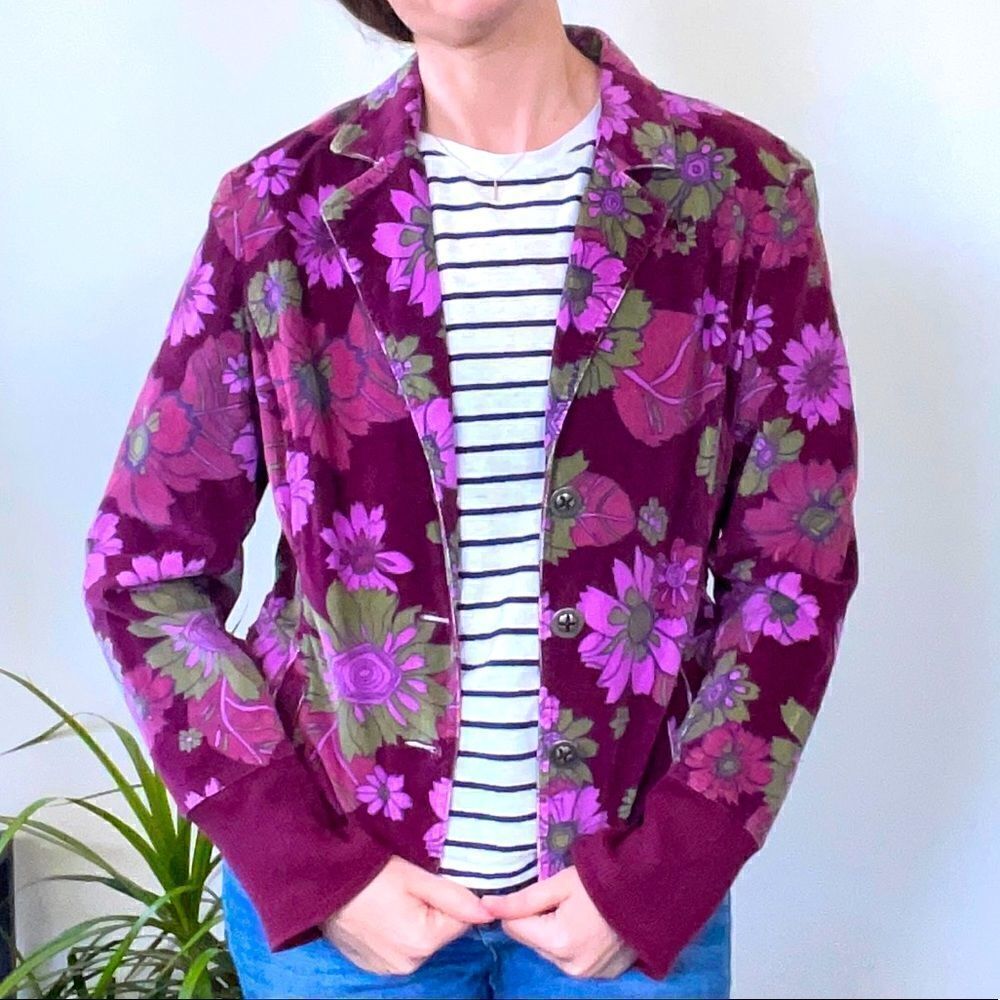 Vintage Floral Retro Blazer Corduroy Purple Womens Medium Fit‎